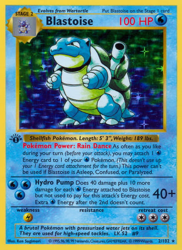 Blastoise 2/102 from the 1999 Base Set, first edition.