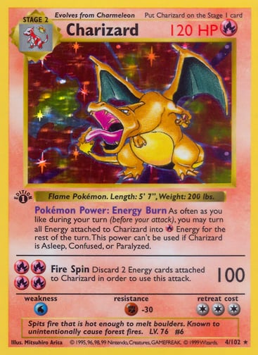 Charizard 4/102 from the 1999 Base Set, first edition.